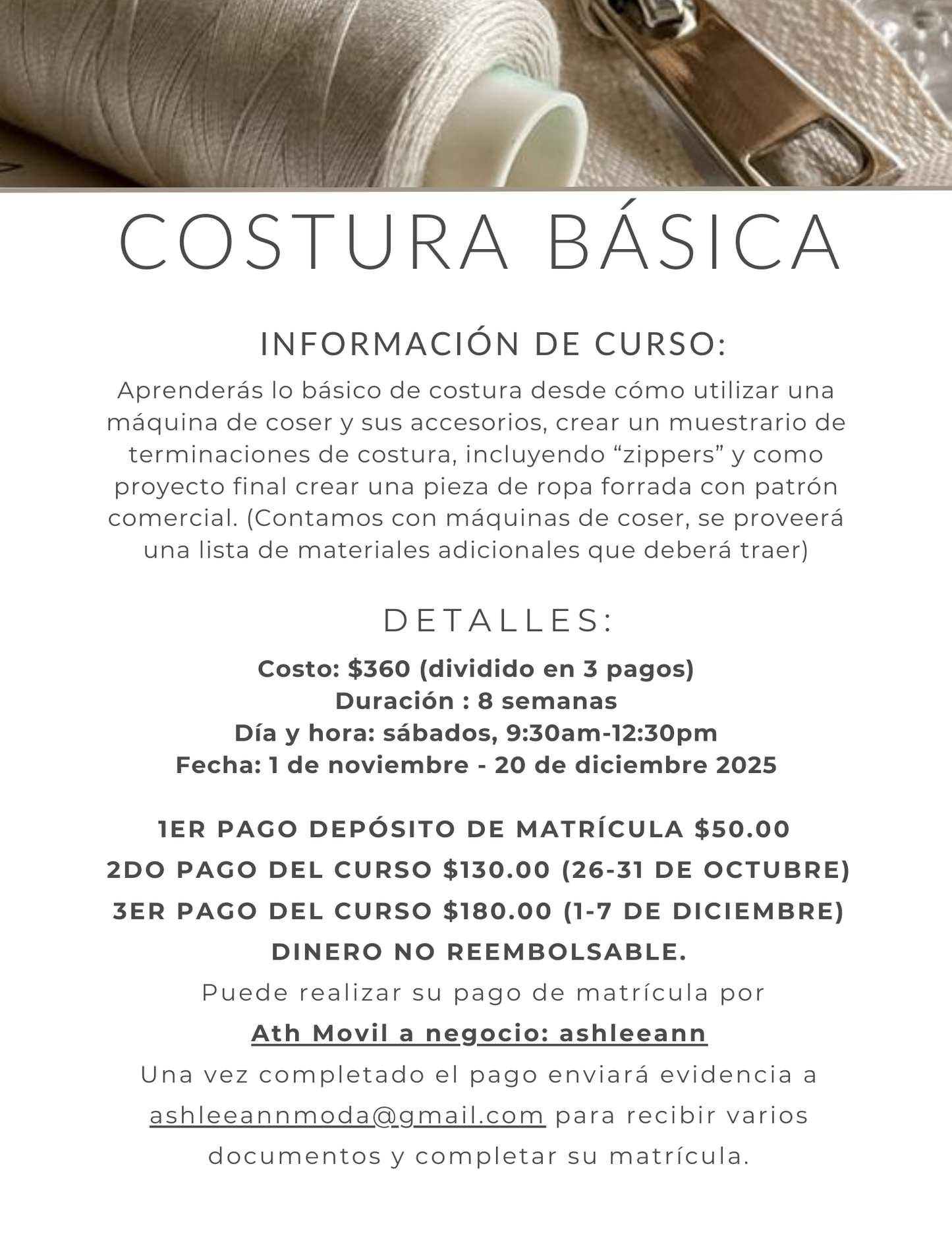 MATRICULA COSTURA BASICA: SABADOS AM PRESENCIAL